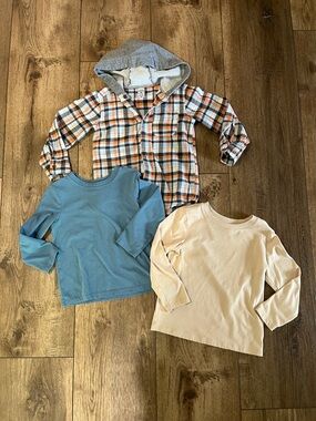 Kids Hooded Plaid Shirt & Long-Sleeve Tees